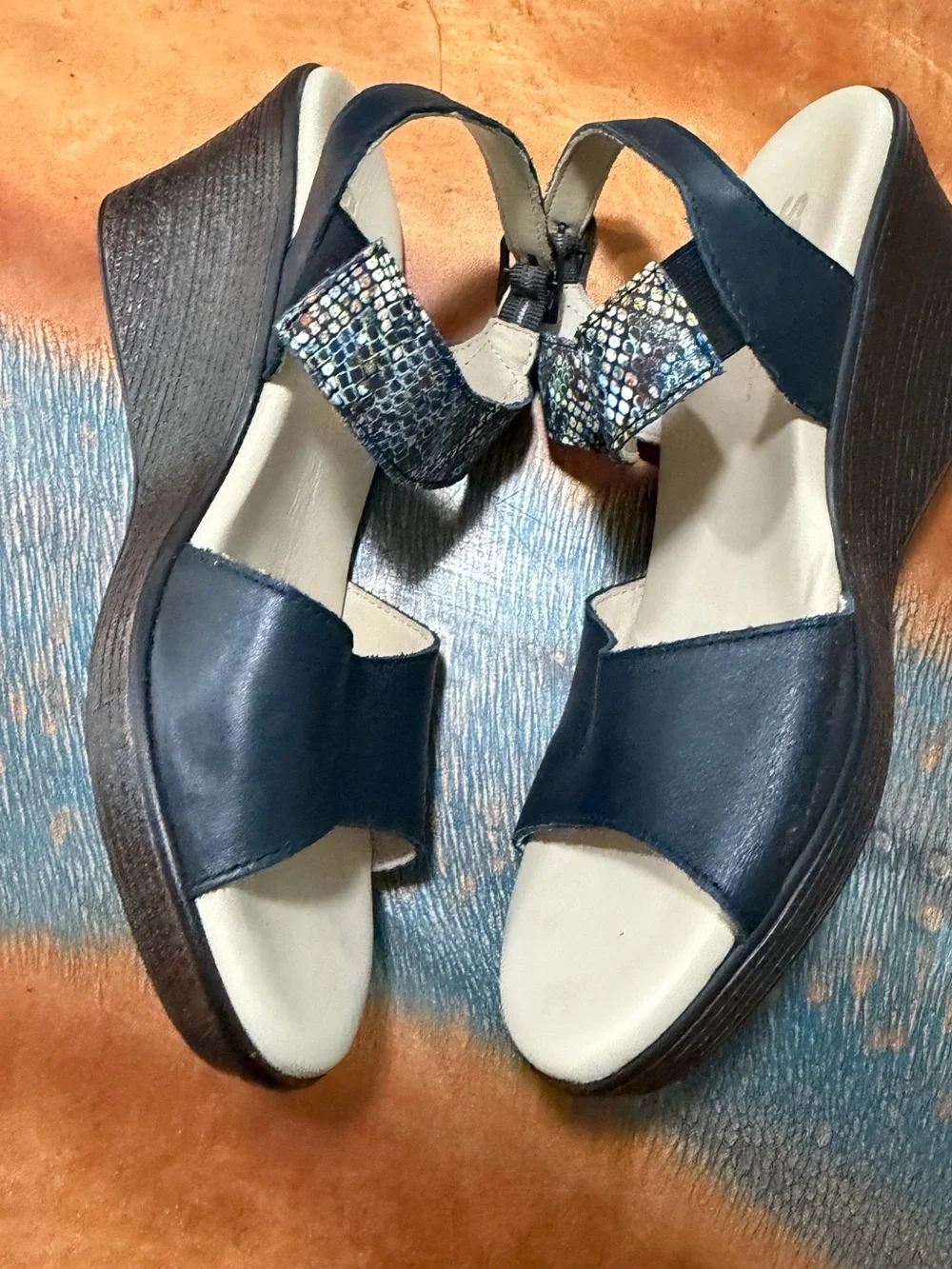 SAS Navy Wedge Sandals with Metallic Patterned Strap size 8
